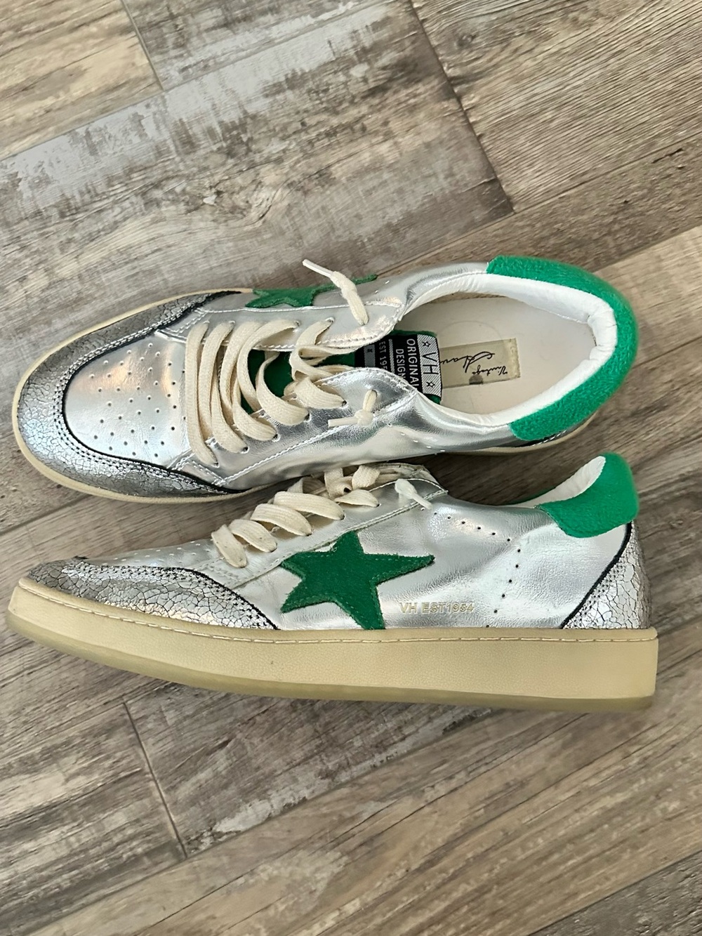 Vintage Havana Silver Sneakers with Green Star Accent